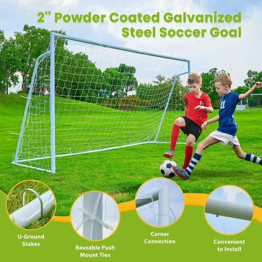 "versatile soccer goals: 12x6, 8x6, and 6x4 feet sizes for backyard play, 2-inch diameter steel poles for all ages"