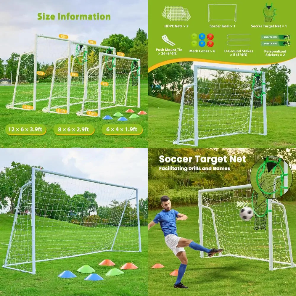 "versatile soccer goals: 12x6, 8x6, and 6x4 feet sizes for backyard play, 2-inch diameter steel poles for all ages"