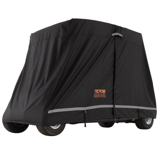 VEVOR 4 Passenger Golf Cart Cover, 600D Polyester Full Cover, Universal Fits for Most Brand Club Car Covers, Waterproof, Sunproof, and Dustproof Outdoor Golf Cart Cover with Three Zipper Doors, Black