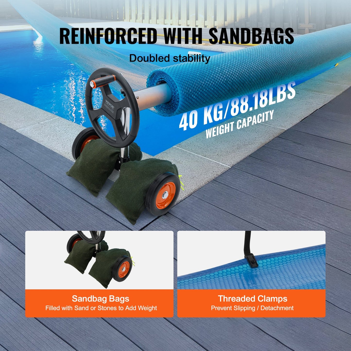 VEVOR Pool Cover Reel, Aluminum Solar Cover Reel 22 ft, Inground Swimming Pool Cover Reel Set with Rubber Wheels and Sandbags, Fits for 5-22 ft Width Swimming Pools