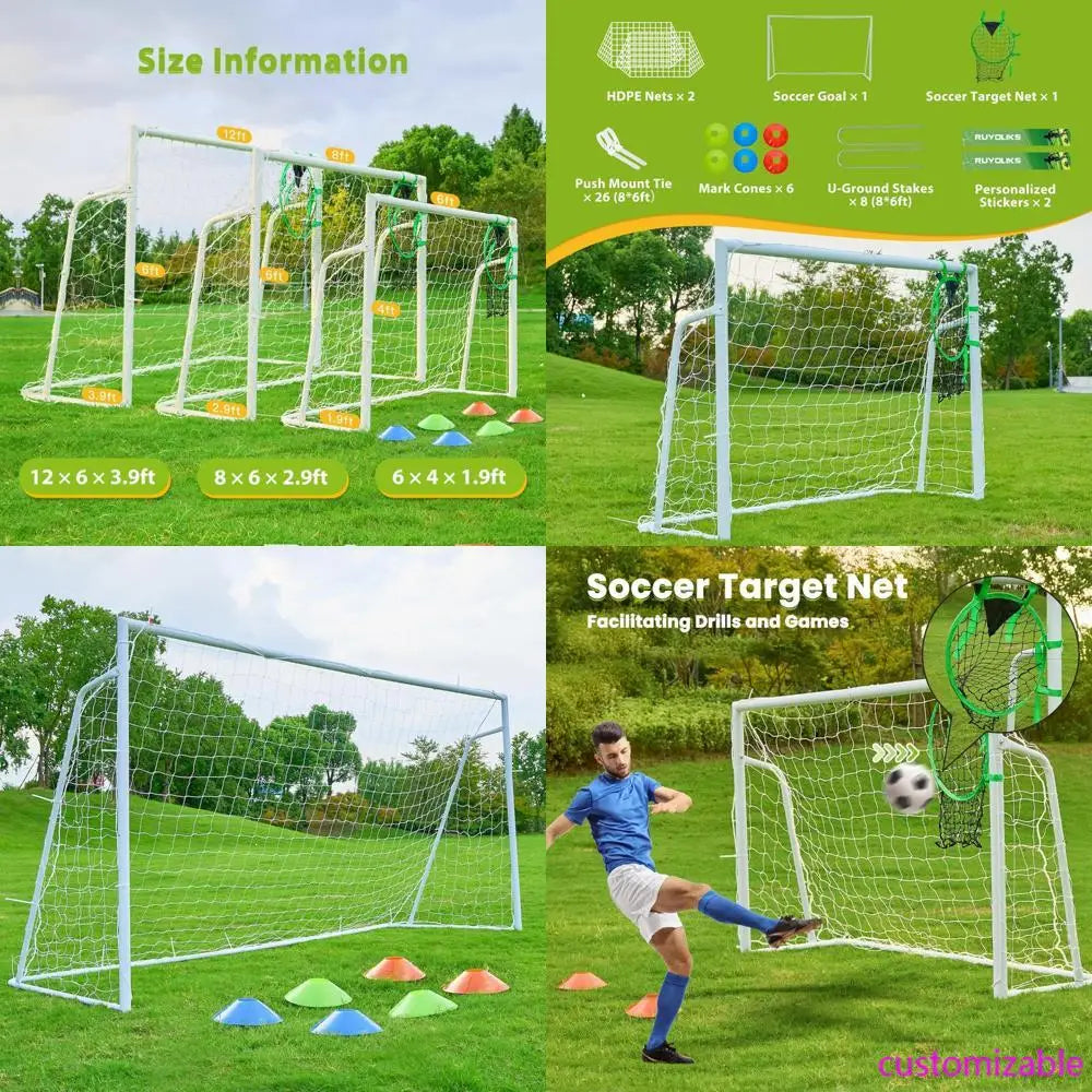 "versatile soccer goals: 12x6, 8x6, and 6x4 feet sizes for backyard play, 2-inch diameter steel poles for all ages"