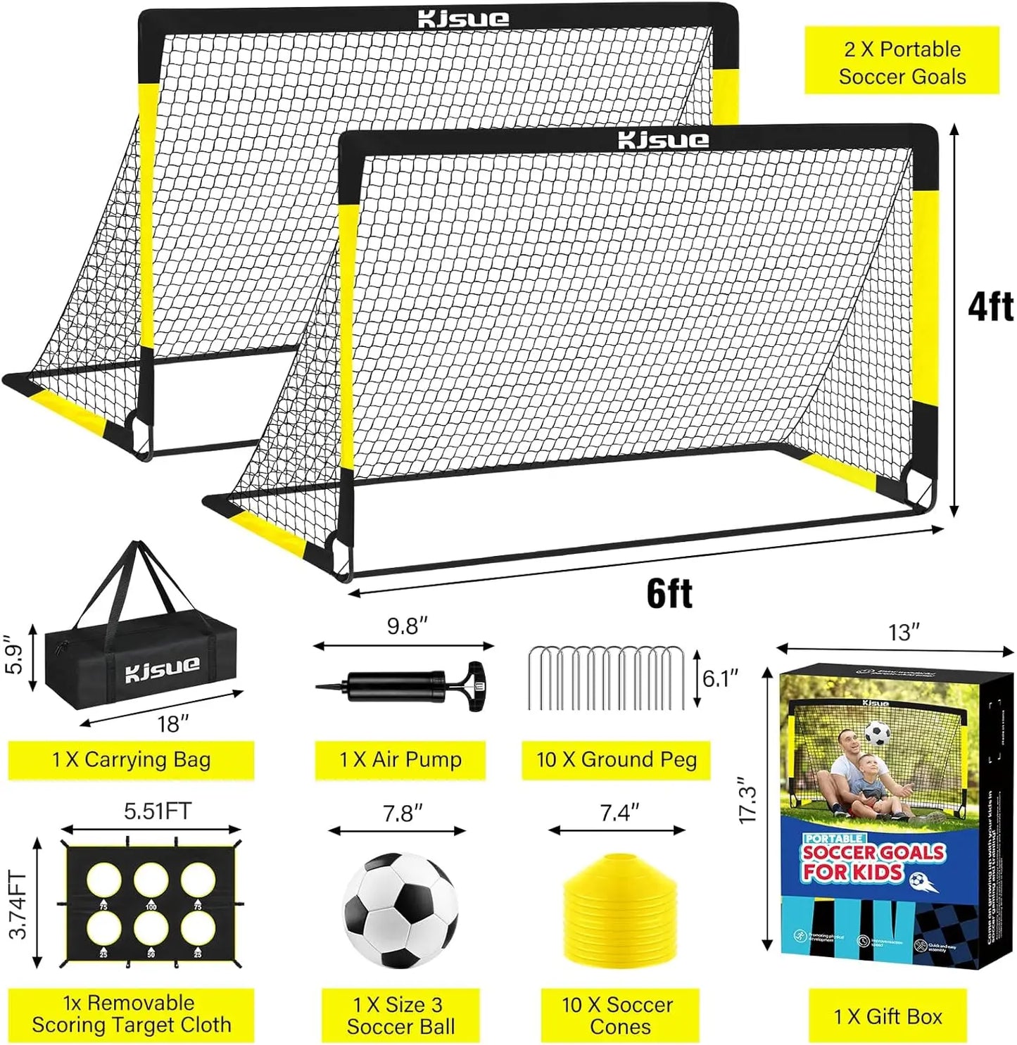 Soccer Goal for Backyard Set - 2 of 6x4 ft Soccer Goals Training Equipment, Soccer Net for Kids Age 3-5 6-8 8-10 10-12, Ball