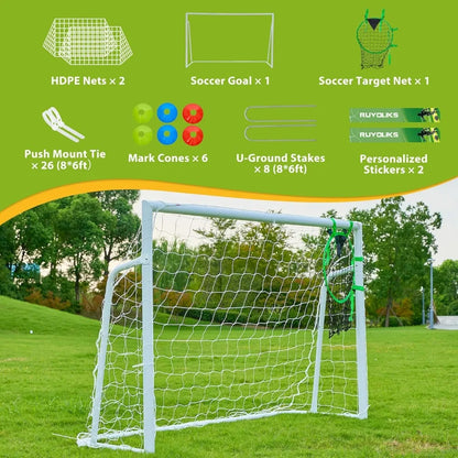 "versatile soccer goals: 12x6, 8x6, and 6x4 feet sizes for backyard play, 2-inch diameter steel poles for all ages"