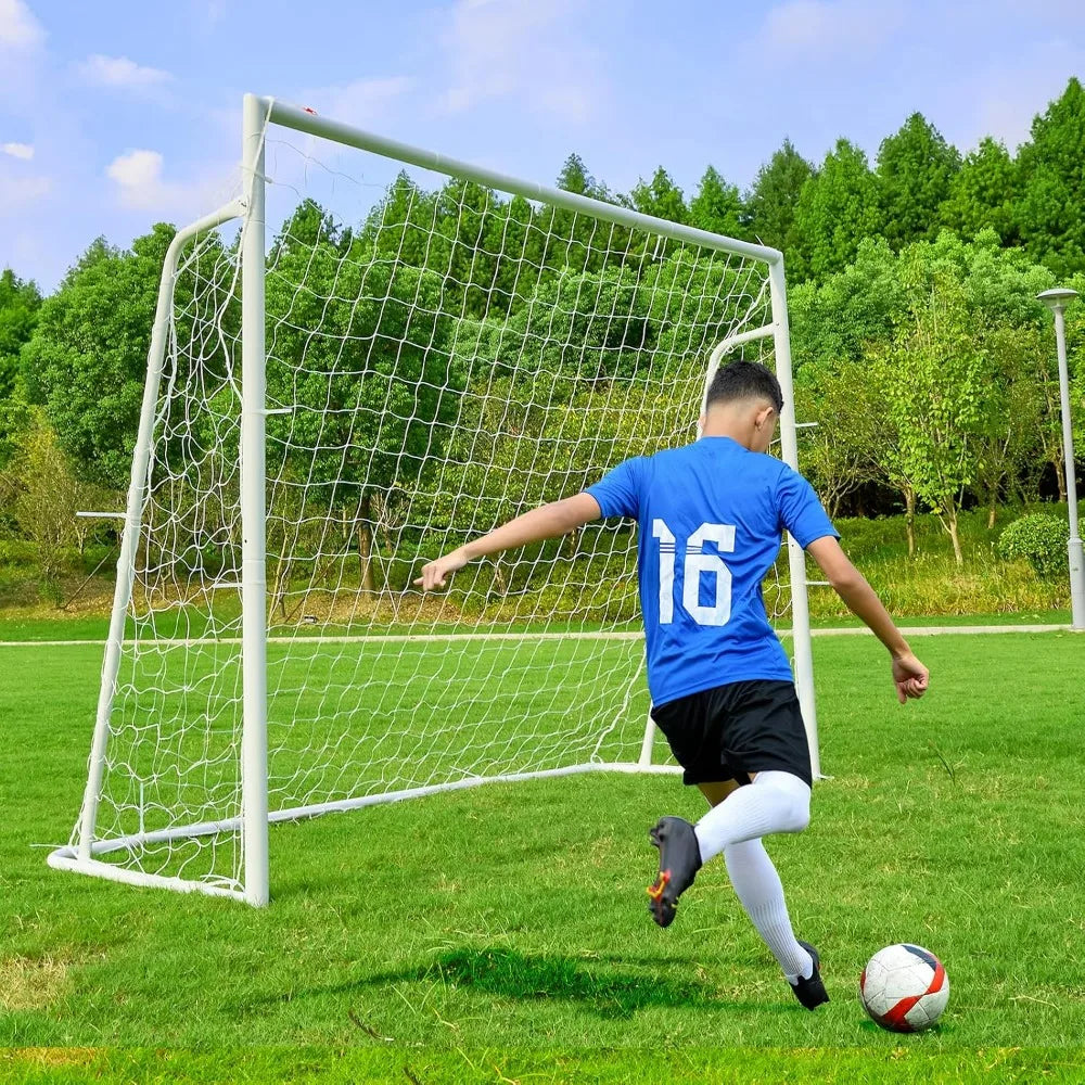 "versatile soccer goals: 12x6, 8x6, and 6x4 feet sizes for backyard play, 2-inch diameter steel poles for all ages"