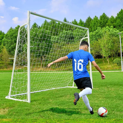 "versatile soccer goals: 12x6, 8x6, and 6x4 feet sizes for backyard play, 2-inch diameter steel poles for all ages"