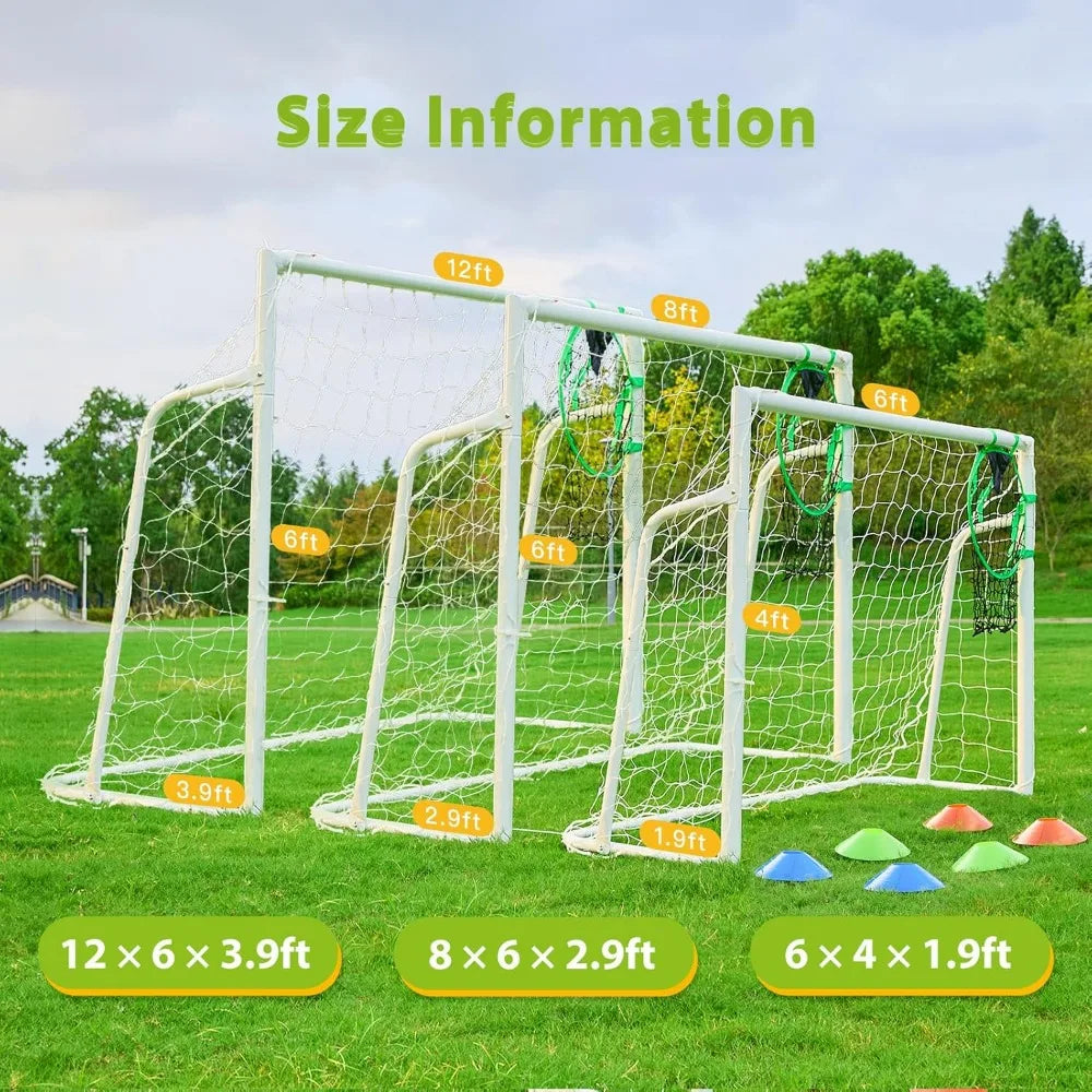 "versatile soccer goals: 12x6, 8x6, and 6x4 feet sizes for backyard play, 2-inch diameter steel poles for all ages"