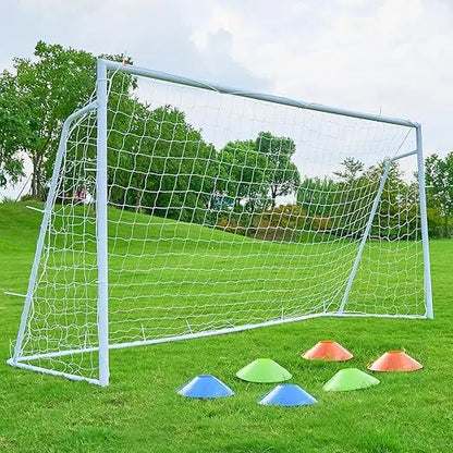 "versatile soccer goals: 12x6, 8x6, and 6x4 feet sizes for backyard play, 2-inch diameter steel poles for all ages"