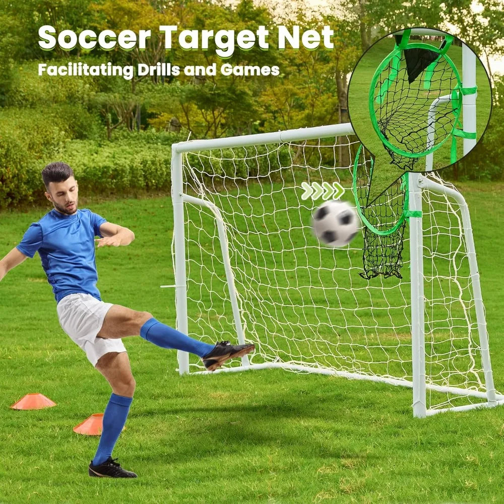 "versatile soccer goals: 12x6, 8x6, and 6x4 feet sizes for backyard play, 2-inch diameter steel poles for all ages"