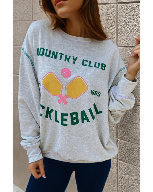 Light Grey COUNTRY CLUB PICKLEBALL Graphic Exposed Stitching Casual Sweatshirt - L