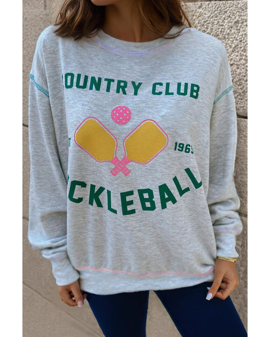 Light Grey COUNTRY CLUB PICKLEBALL Graphic Exposed Stitching Casual Sweatshirt - M