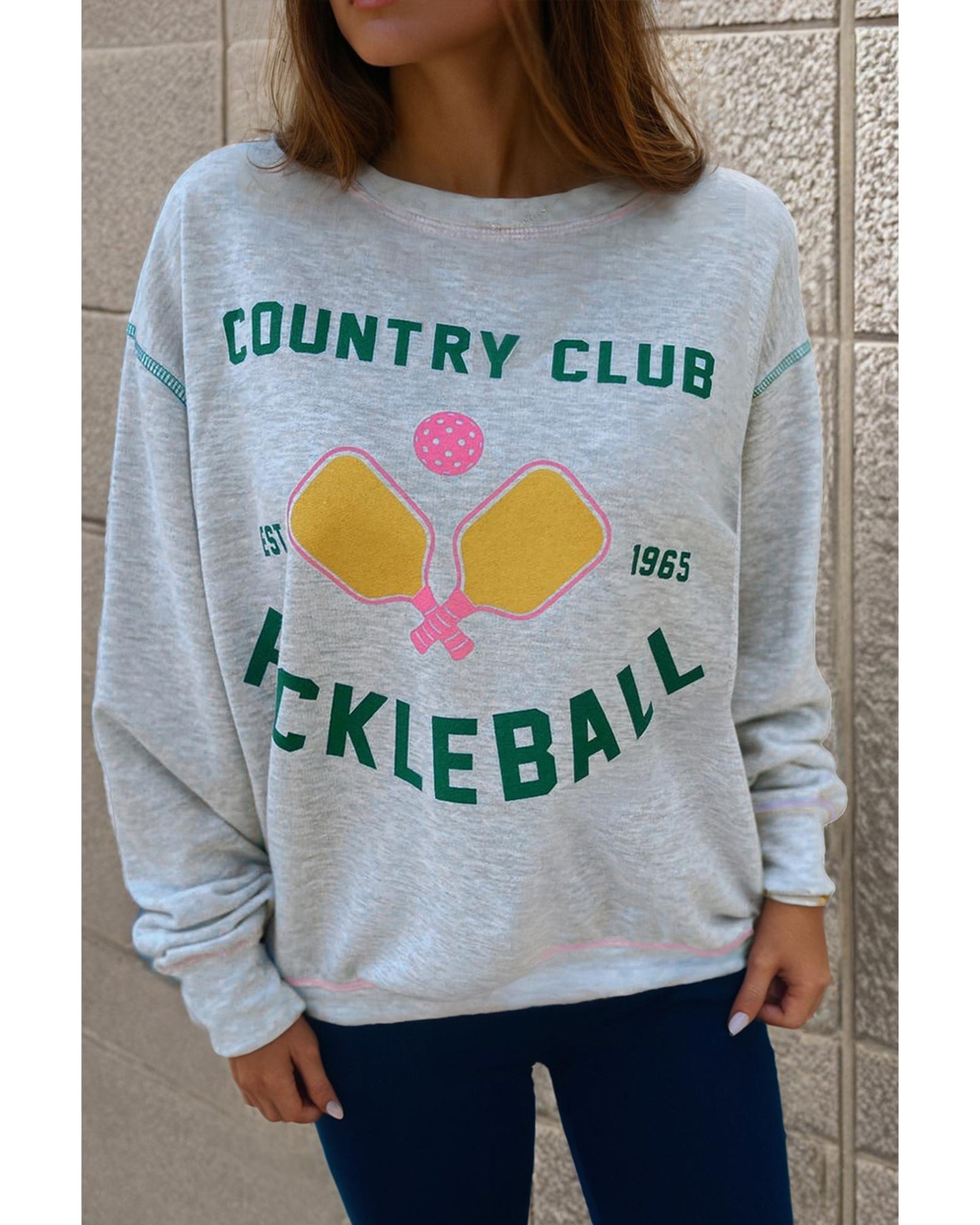Light Grey COUNTRY CLUB PICKLEBALL Graphic Exposed Stitching Casual Sweatshirt - M