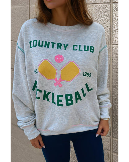 Light Grey COUNTRY CLUB PICKLEBALL Graphic Exposed Stitching Casual Sweatshirt - M