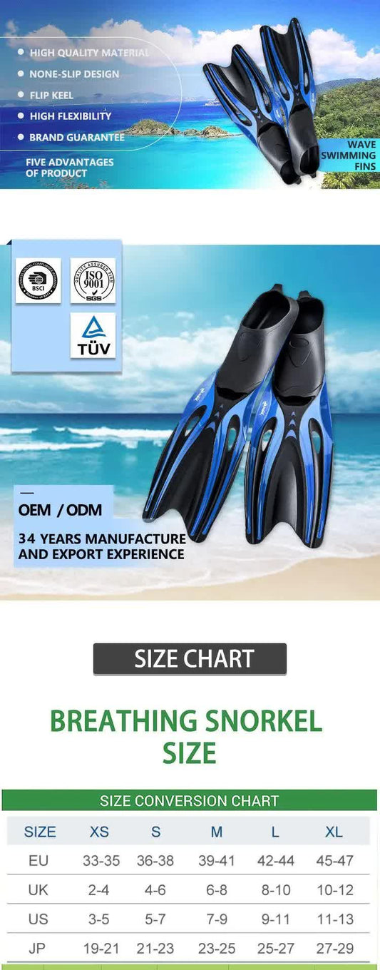 L Blue Adult Professional TPR Swim Fins - Rubber Snorkeling Flippers for Diving and Free Swimming