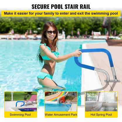 VEVOR Pool Rail 32x23 Pool Railing 304 Stainless Steel 250LBS Load Capacity Silver Rustproof Pool Handrail Humanized Swimming Pool Handrail with Blue Grip Cover & M8 Drill Bit & Self-Taping Screws