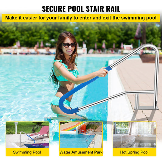 VEVOR Pool Rail 54x36 Pool Railing 304 Stainless Steel 250LBS Load Capacity Silver Rustproof Pool Handrail Humanized Swimming Pool Handrail with Blue Grip Cover & M8 Drill Bit & Self-Taping Screws