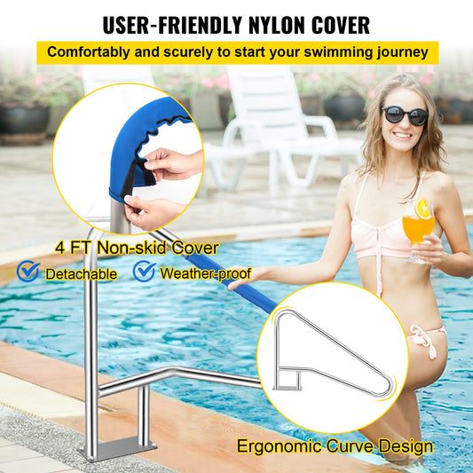 VEVOR Pool Rail 55x32 Pool Railing 304 Stainless Steel 250LBS Load Capacity Silver Rustproof Pool Handrail Humanized Swimming Pool Handrail with Blue Grip Cover & M8 Drill Bit & Self-Taping Screws