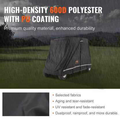 VEVOR 4 Passenger Golf Cart Cover, 600D Polyester Full Cover, Universal Fits for Most Brand Club Car Covers, Waterproof, Sunproof, and Dustproof Outdoor Golf Cart Cover with Three Zipper Doors, Black