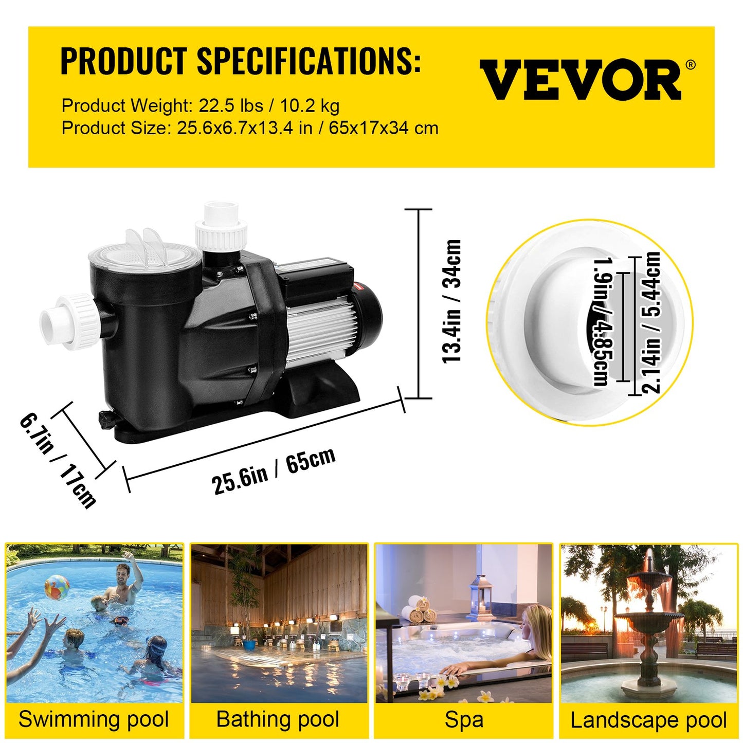 VEVOR Swimming Pool Filter Pump 2.5HP, 1850W Swimming Pool Pump 148GPM, Single Speed Filter for Spa Water Circulation Above Ground Apply Swimming Pool, Bathtub