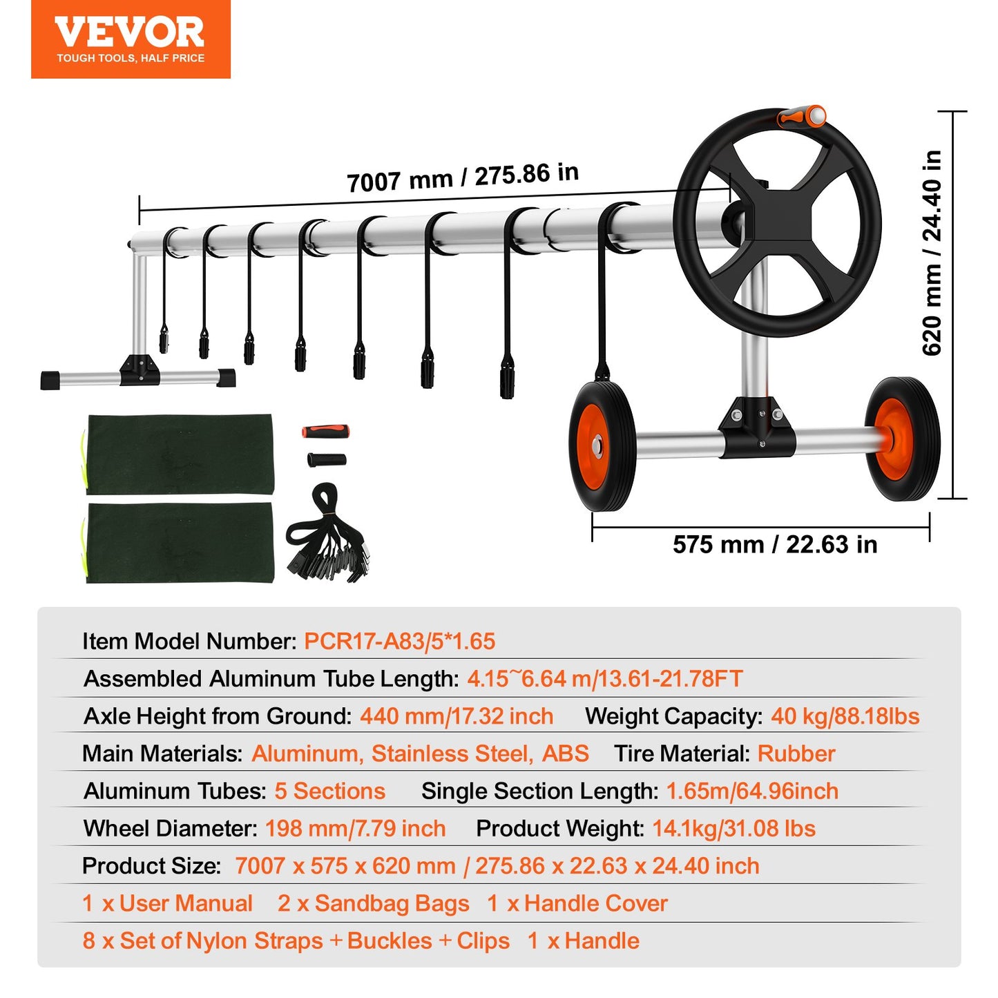 VEVOR Pool Cover Reel, Aluminum Solar Cover Reel 22 ft, Inground Swimming Pool Cover Reel Set with Rubber Wheels and Sandbags, Fits for 5-22 ft Width Swimming Pools