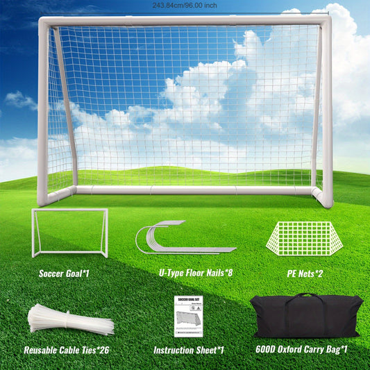 Rengue Soccer Goal, 152.4x243.84cm Backyard Soccer Goal, PVC Soccer Goals, Full Size Soccer Goal, Training Soccer Net Set With High- Strength Nets, Ground Stakes And Carry Bag- Sturdy Goal Post Soccer Accessories For Improvin